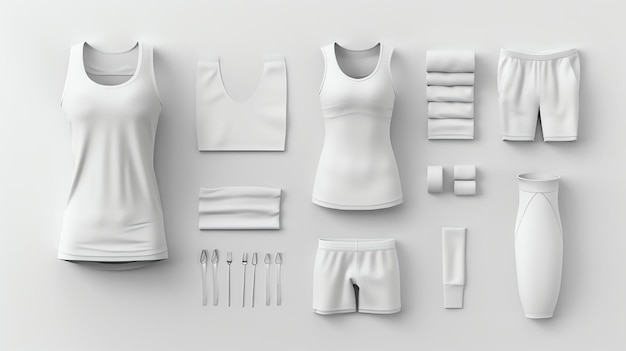 Abbigliamento e accessori sportivi bianchi L'immagine mostra una varietà di articoli tra cui magliette, pantaloncini, asciugamani, calzini e una bottiglia d'acqua