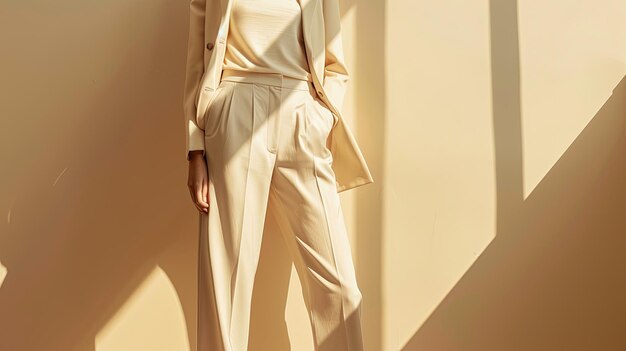 abbigliamento femminile elegante moderno pantaloni leggeri su sfondo beige con luci del sole
