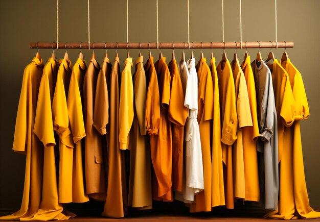 abbigliamento giallo appeso in un rack con un altro oggetto
