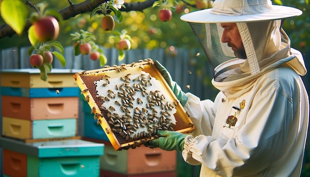 Abbigliamento protettivo per apicoltori per l'ispezione dell'alveare con telaio a nido d'ape Il concetto di produzione di miele in apicoltura