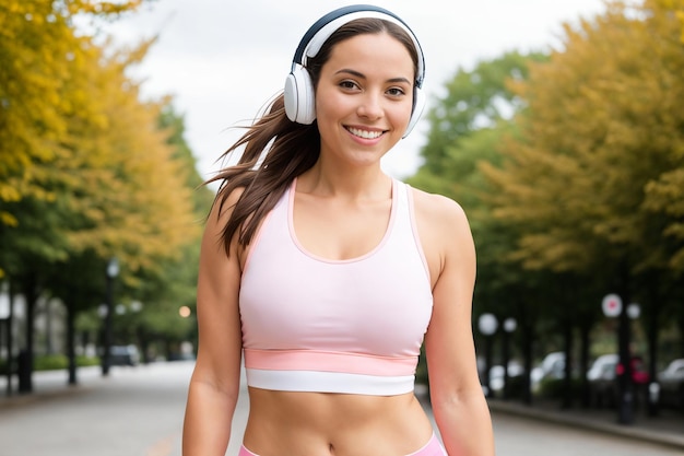 Abbigliamento sportivo da portare della giovane donna castana che ascolta la musica al parco