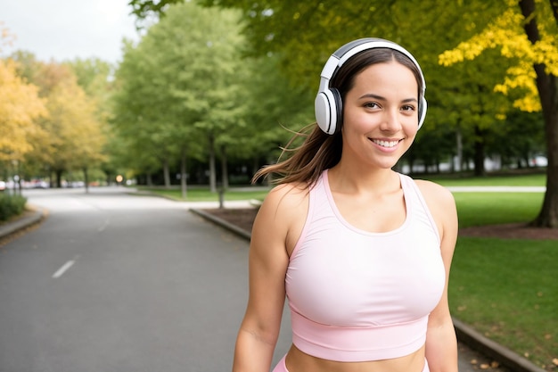 Abbigliamento sportivo da portare della giovane donna castana che ascolta la musica al parco