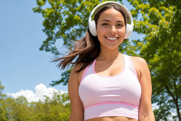 Abbigliamento sportivo da portare della giovane donna castana che ascolta la musica al parco