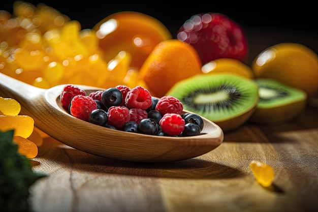 Abbinamenti medicinali Un primo piano di frutta fresca e medicinali su un cucchiaio di legno