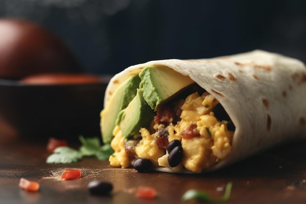 Abbondante Burrito per la colazione con uova strapazzate, verdure e fagioli