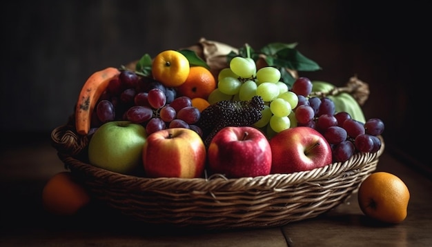 Abbondante raccolta di frutta freschezza organica in cesto rustico generato da AI