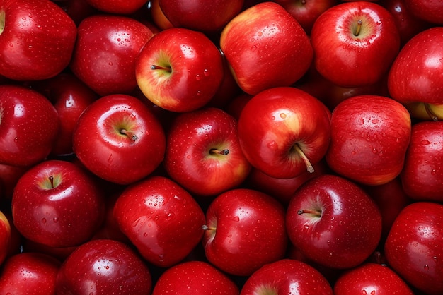 Abbondanza di mele in primo piano con agrumi sullo sfondo create con strumenti di intelligenza artificiale generativa