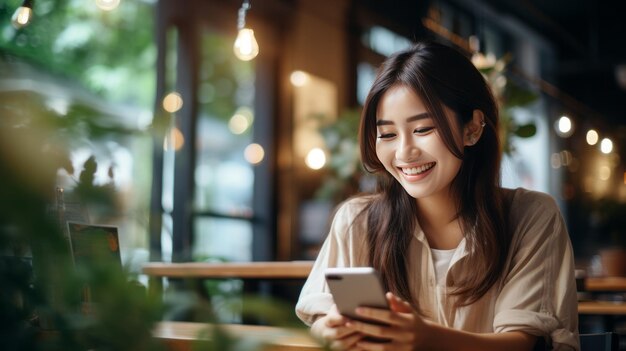 Abbracciando la comodità Esplorando le delizie dello shopping online con un'elegante donna asiatica in un Coffee Sho