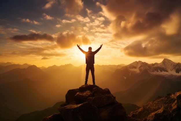 Abbracciando la Maestà La silhouette di un uomo che conquista la vetta della montagna