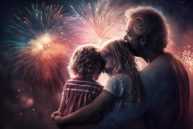 Abbracciare la famiglia della felicità mentre i fuochi d'artificio colorano il cielo