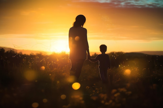 Abbraccio sereno di madre e bambino nella silhouette del tramonto che evoca calore e legame familiare in un ambiente serale tranquillo