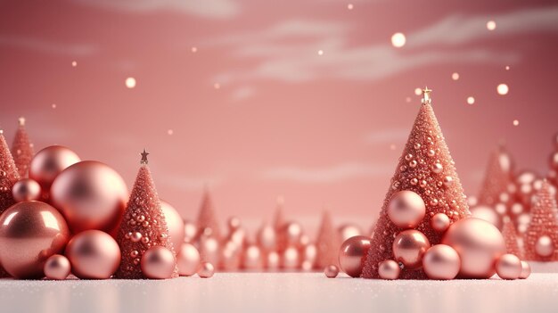 Abeti decorativi in ceramica con palle di Natale e ramoscelli di abete su sfondo chiaro