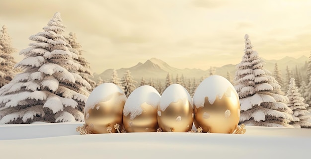 abeti e uova d'oro nella neve nello stile di raffigurazioni morbide e sognanti