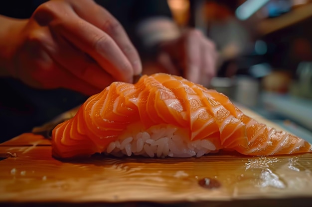 Abile e esperto maestro chef giapponese che prepara rotoli di sushi cucina tradizionale ristorante bistro