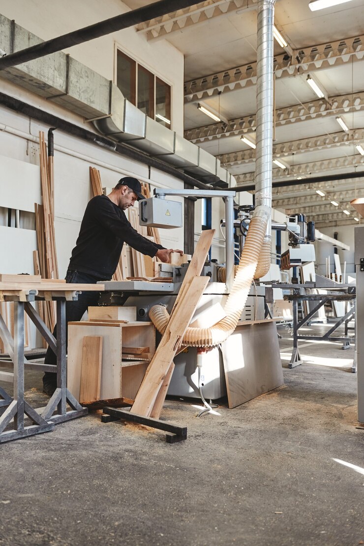 abile falegname in uniforme nera che taglia un pezzo di legno nel suo laboratorio di falegnameria