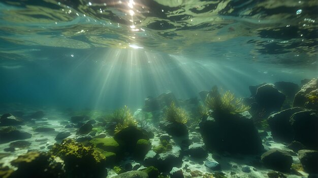 Abisso sottomarino profondo con la luce blu del sole