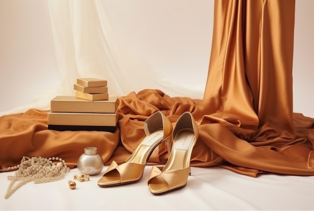 abiti da sera di lusso in oro, gioielli e scarpe