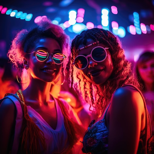 Abiti luminosi colorati Due donne che si illuminano perfette per gli inviti alle feste IA generativa