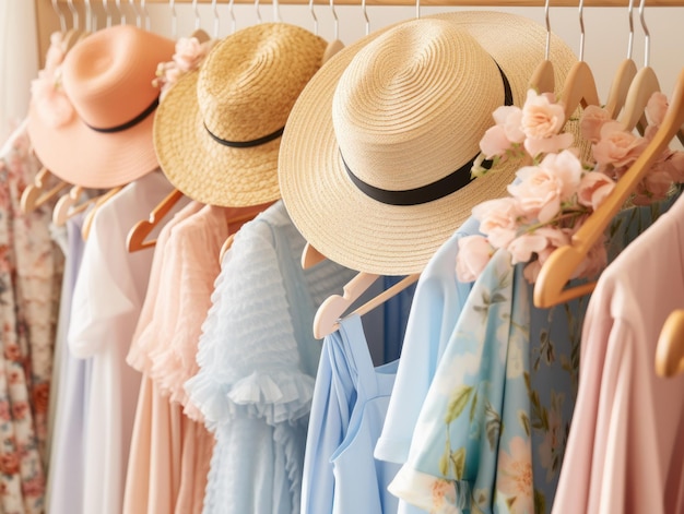 Abiti pastel e cappelli da sole appesi ordinatamente in un guardaroba Il concetto è un morbido