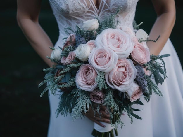 Abito da sposa e bouquet di fiori da sposa ai generativa