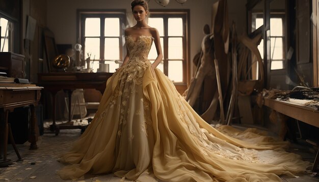 Abito da sposa ispirato all'haute couture in concetto di moda ocra