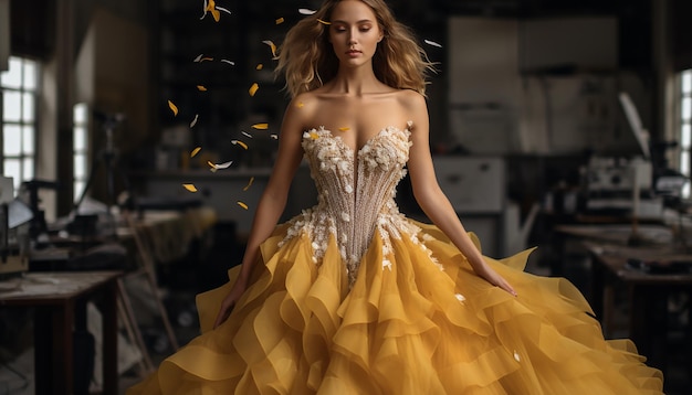 Abito da sposa ispirato all'haute couture in concetto di moda ocra