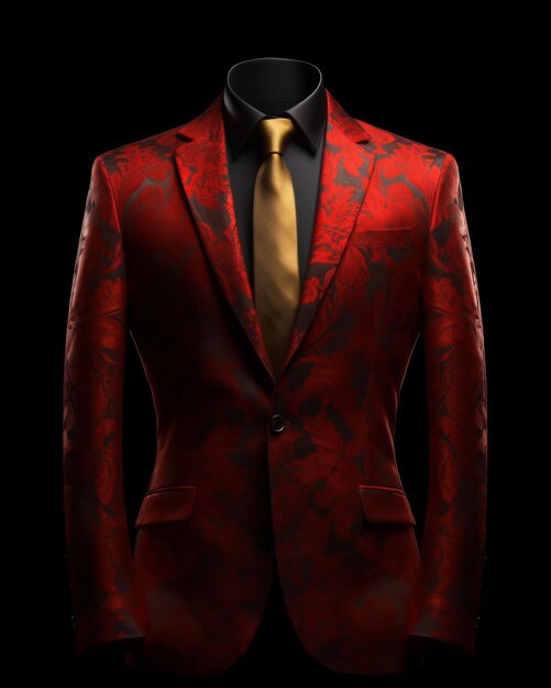 Abito da uomo rosso di lusso ed elegante con motivo astratto isolato su sfondo nero IA generativa