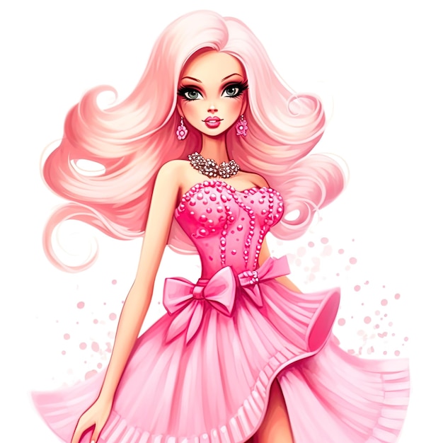 Abito rosa Barbie stile acquerello sfondo bianco