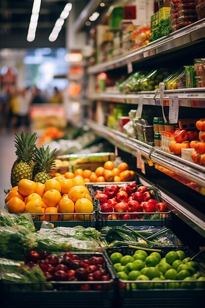 Abondanza di scelte alimentari salutari nel corridoio del supermercato