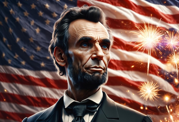 Abraham Lincoln sullo sfondo della bandiera americana con un fuoco d'artificio AI generativa