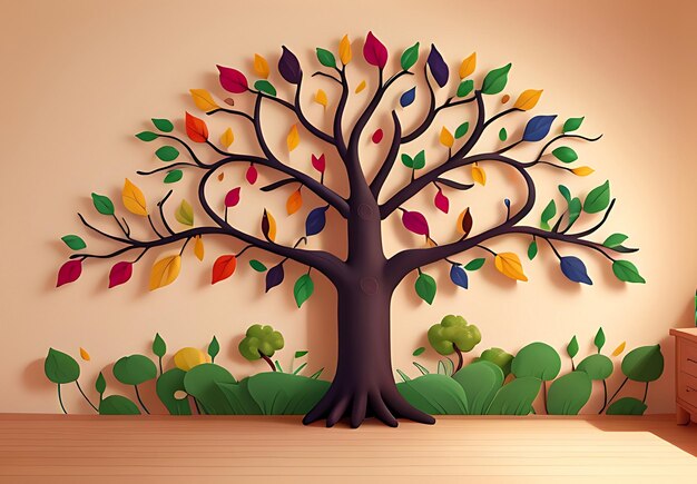 Abstract 3d Albero colorato con foglie appese sui rami illustrazione sfondo generativo ai
