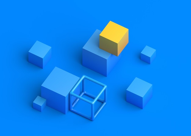 Abstract 3d rendono il disegno di sfondo geometrico blu e giallo con cubi