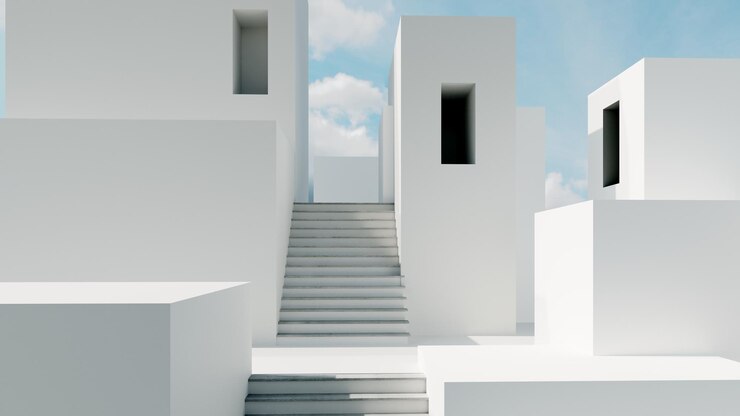 Abstract architectural backdrop 3D render Modern building on blue sky background