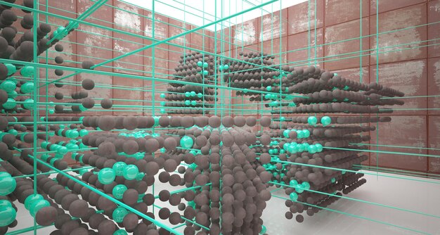 abstract architectural concrete interior from an array of green spheres with large windows 3d