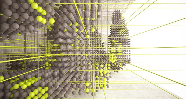 abstract architectural wood and glass interior from an array of spheres with large windows 3d