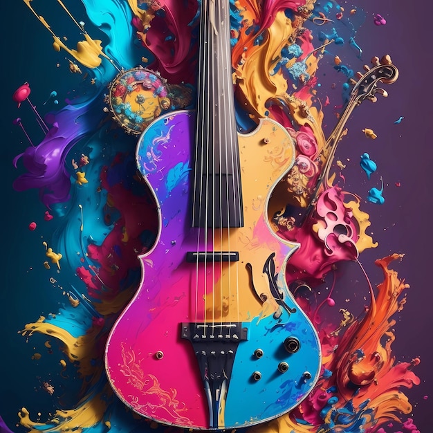 Abstract background musicale luminoso colori ricchi e colore succoso per il banner schizzi di vernice e una chitarra in stile 3D AI Generation