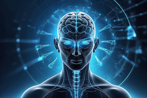 Abstract background tecnologia concetto in luce blu cervello e corpo umano tecnologia di guarigione scienza medica moderna nel futuro e globale medica internazionale con test analisi clone DNA umano