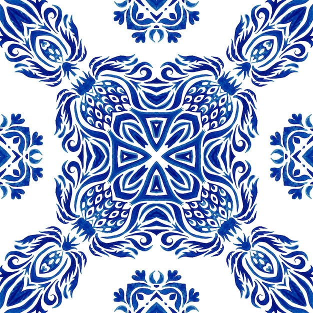 Abstract blu e bianco disegnato a mano piastrella ornamentale senza soluzione di continuità vernice acquerello pattern.turco marocchino ornamentali mosaico di piastrelle. Porcellana spagnola Stoviglie in ceramica, stampa popolare.