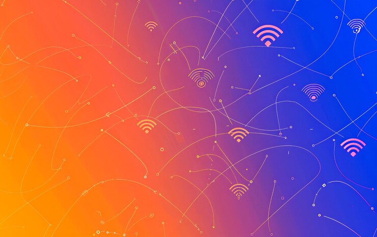 Abstract blue background with a coffee cup and smoke digital signal waves and in the style of Krakdo
