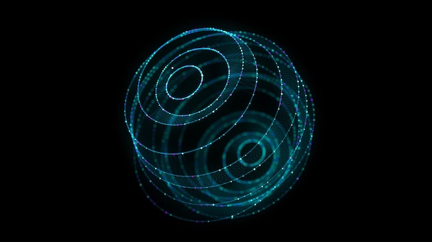Abstract blue sphere on black background Wireframe circle structure with glowing particles Futuristic digital illustration 3D rendering