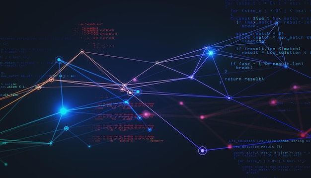Abstract coding interface with glowing digital lines on dark background Information network and security concept 3D Rendering