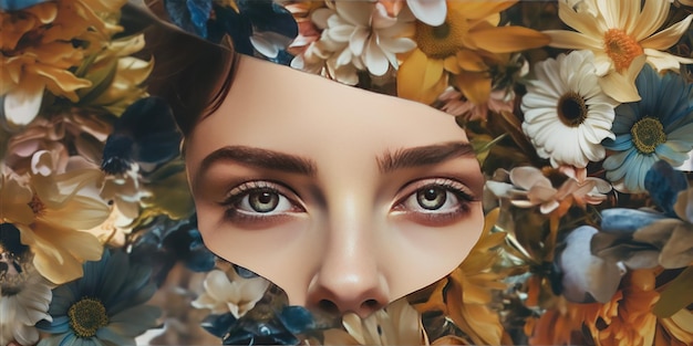 Abstract collage d'arte contemporanea ritratto di una giovane donna con i fiori sul viso la nasconde