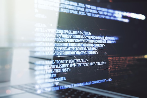 Abstract creative coding concept on modern laptop background Multiexposure