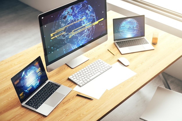 abstract creative coding concept with world map on modern laptop screen 3d rendering