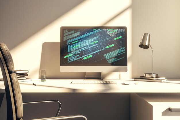 Abstract creative coding illustration on modern computer monitor software development concept 3D Rendering