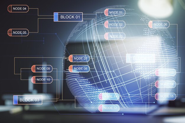 Abstract creative coding illustration with world map on modern computer background international software development concept Multiexposure