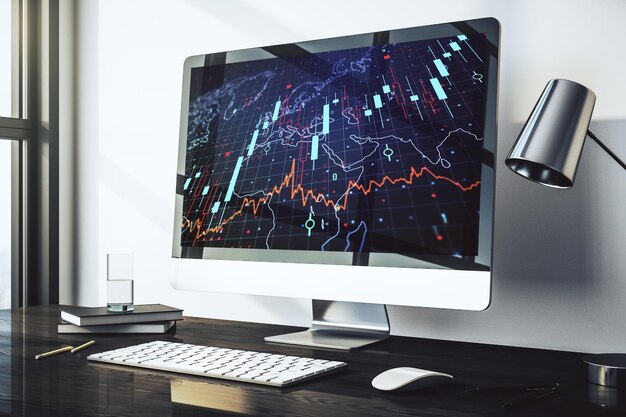 Abstract creative financial diagram with world map on modern computer monitor banking and accounting concept 3D Rendering