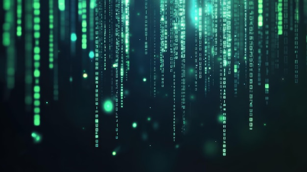 Abstract digital background with green binary code falling down against a dark background