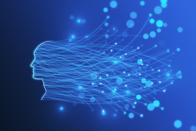 abstract digital head outline with glowing lines and blurry bokeh circles on blue wallpaper