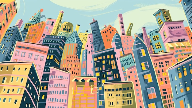 Abstract doodle cityscape icon giocoso colorato immaginativo architettura urbana fantasia sketch creativo vibrante generato da AI